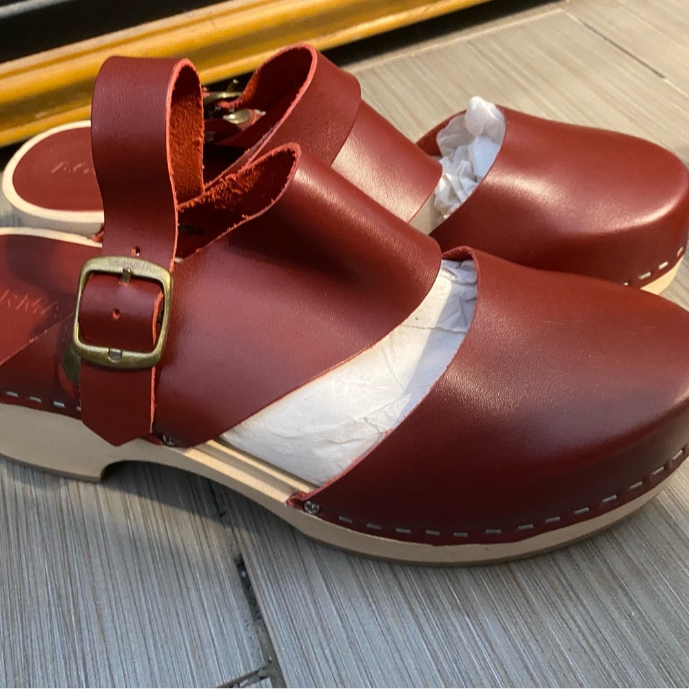 Stylish Red Leather Mules with faux buckle